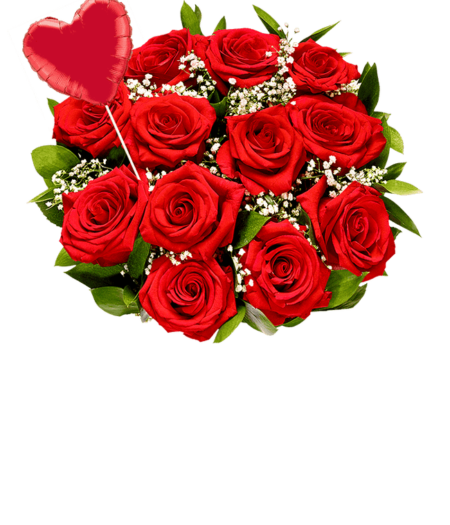 Partial image of One dozen red roses with a heart balloon without vase