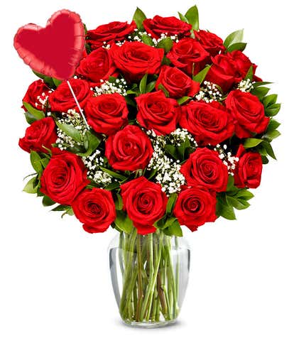 Two Dozen Red Roses + Heart Balloon