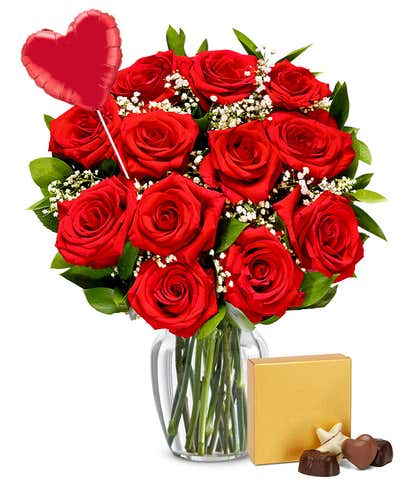 One Dozen Red Roses + Heart Balloon + Chocolate