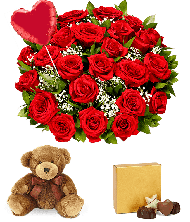 Two Dozen Red Roses + Heart Eye Emoji Balloon + Chocolate + Bear