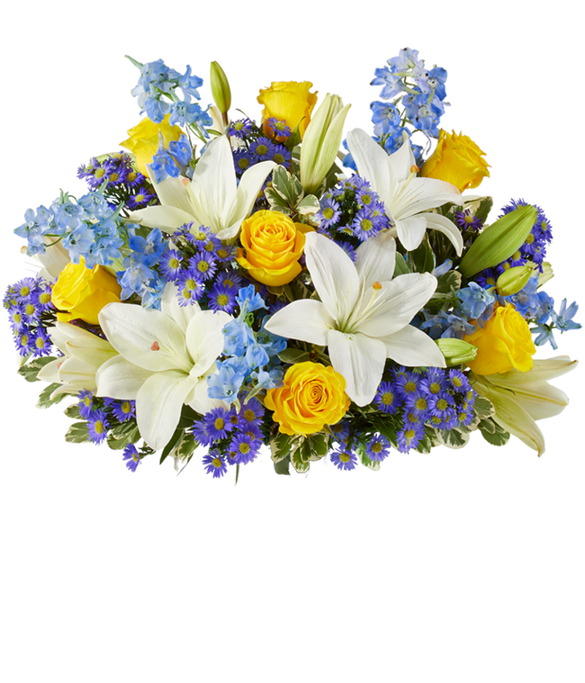 Partial image of An elegant floral arrangement featuring white Asiatic lilies, yellow roses, blue delphinium, and purple Monte Casino, optionally arranged in a glass vase. This vibrant mix offers a stunning and colorful display. without vase.