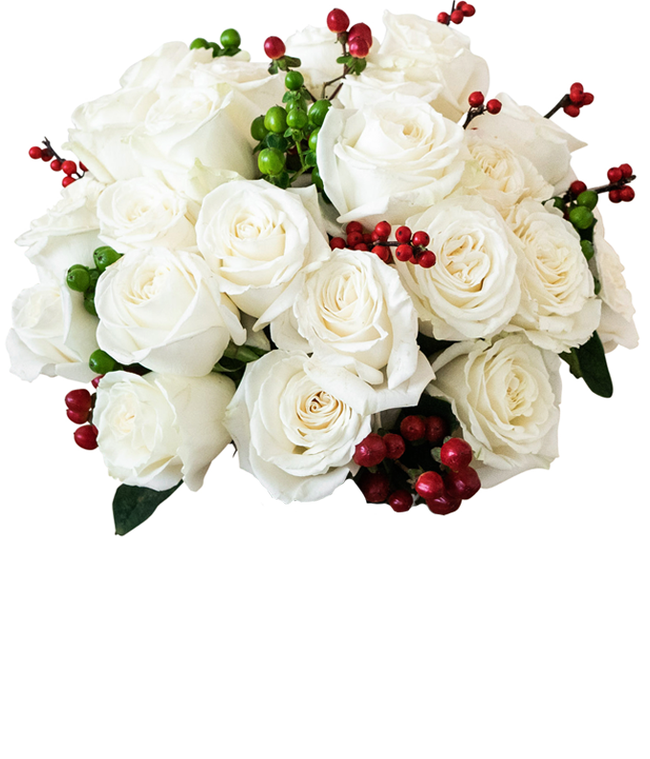 Partial image of Elegant arrangement featuring white roses, red berries, green berries, optional vase, and presented in an elegant gift box. without vase.