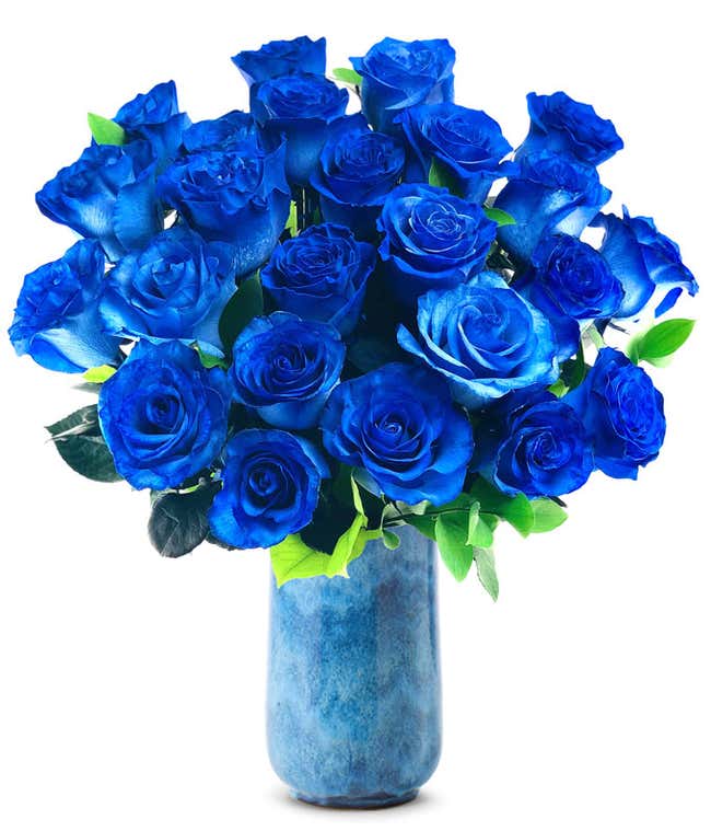 A bouquet of two dozen blue roses, with an optional glass vase.