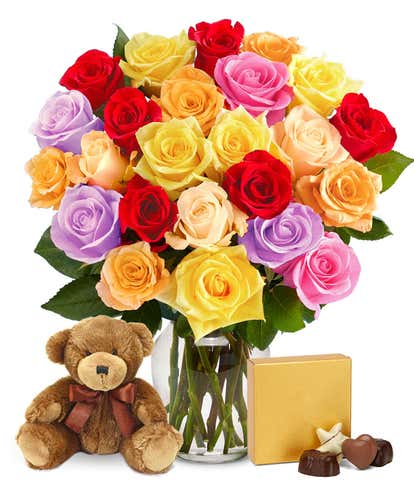 Two Dozen Rainbow Roses + Chocolate + Bear