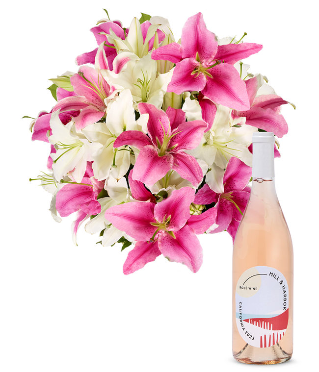 Partial image of Premium Pink and White Lilies with Ros&eacute; Wine without vase.