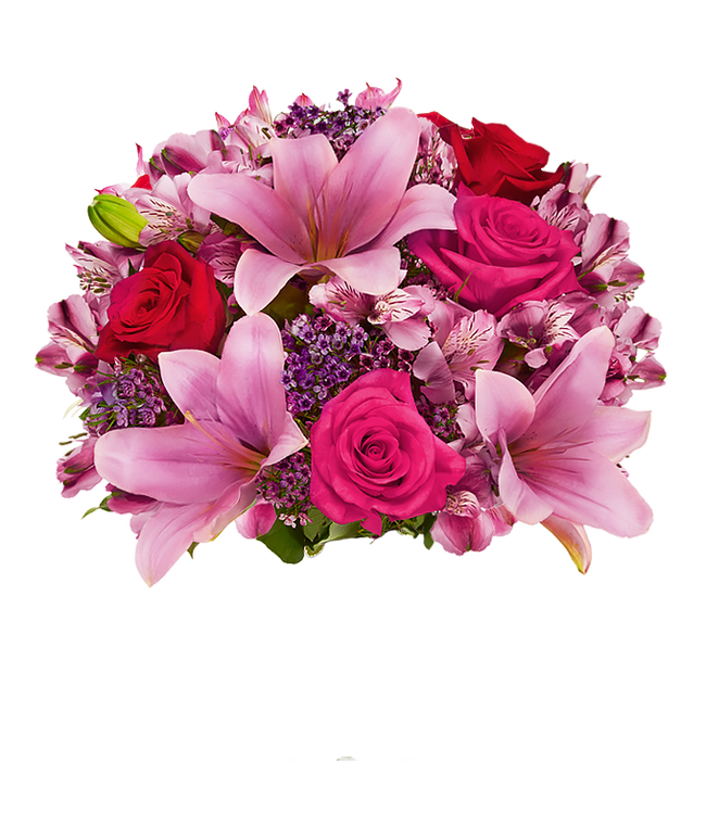 Partial image of Pink asiatic lilies, pink roses and red roses without vase