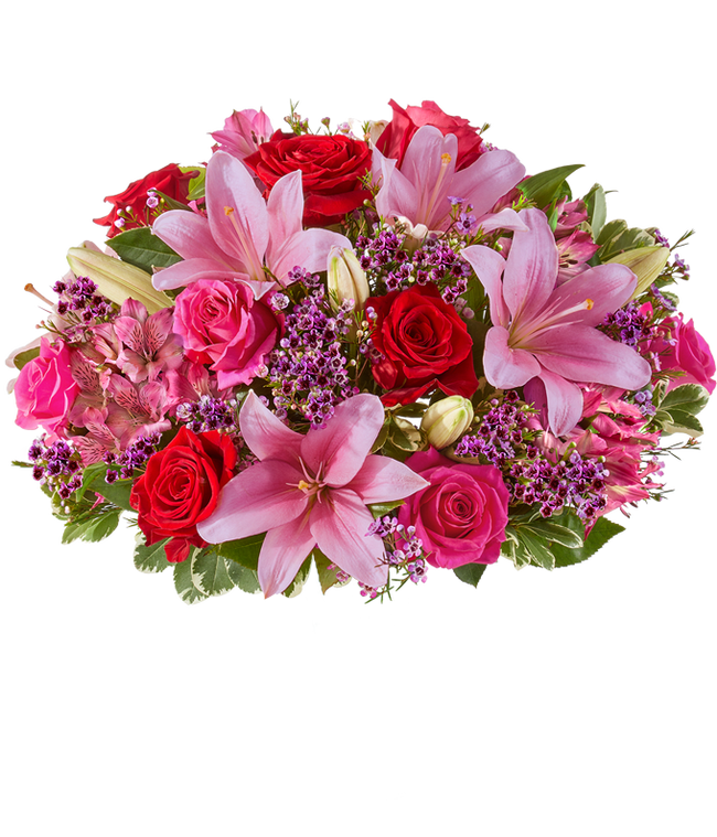Partial image of A beautiful arrangement featuring pink Asiatic lilies, pink and red roses, and alstroemeria, optionally arranged in a glass vase. This elegant mix offers a lovely and vibrant display without vase.