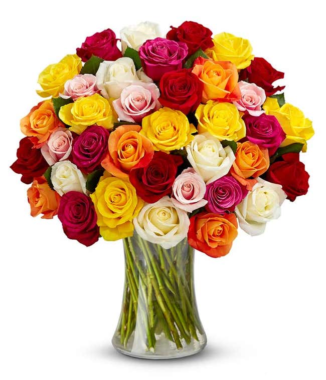 A bouquet of 36 roses in an array of red, orange, cream, yellow, pink, and lavender. In a clear glass vase. 