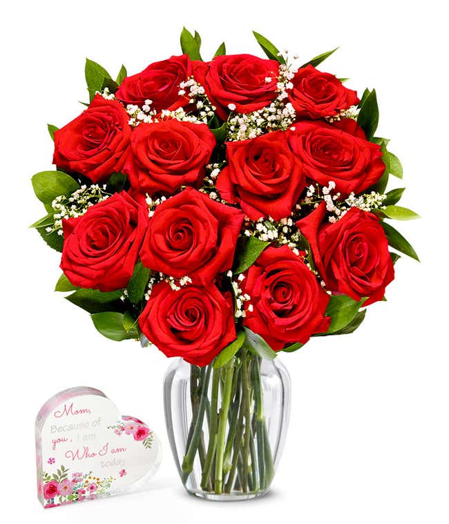 One Dozen Red Roses with Mother's Day Acrylic Keepsake