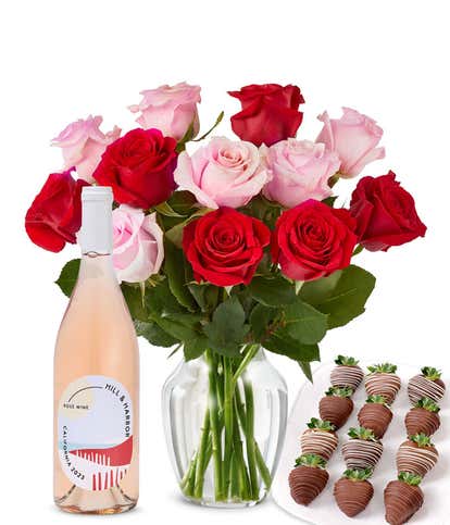 Pink & Red Roses, Ros&eacute; Wine, and Chocolate Dipped Strawberries