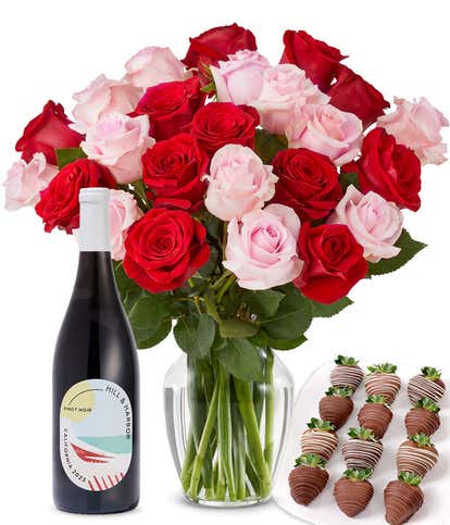 Pink & Red Roses, Red Wine, and Chocolate Dipped Strawberries