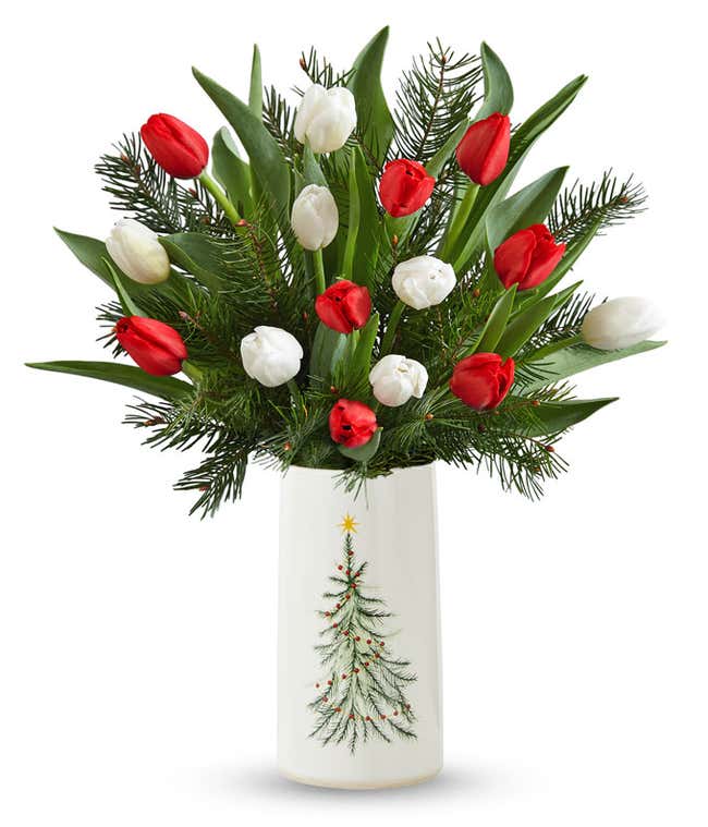 Christmas tulips for delivery in a red vase. 