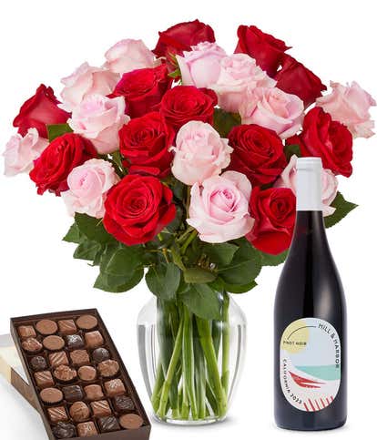 Pink & Red Roses, Red Wine, and Gourmet Assorted Chocolate Box