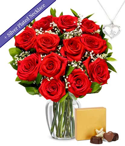 One Dozen Red Roses with Sterling Silver Heart Necklace & Chocolates