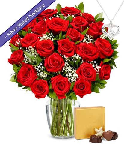 Two Dozen Red Roses with Sterling Silver Heart Necklace & Chocolates
