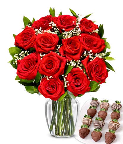 One Dozen Red Roses with Belgian Chocolate Covered Strawberries