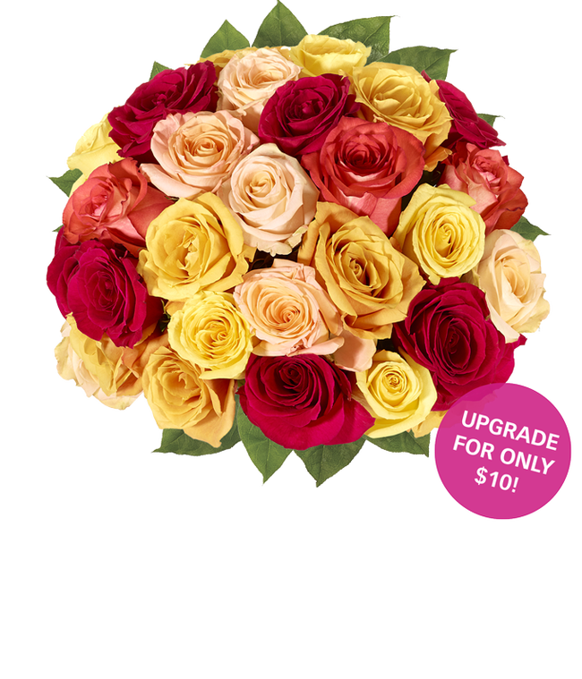 Partial image of A stunning floral arrangement featuring orange roses, red roses, and yellow roses, optionally presented in a glass vase. without vase.