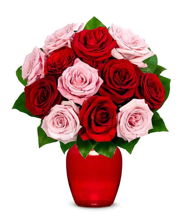 Bouquet of half red roses and half pink roses