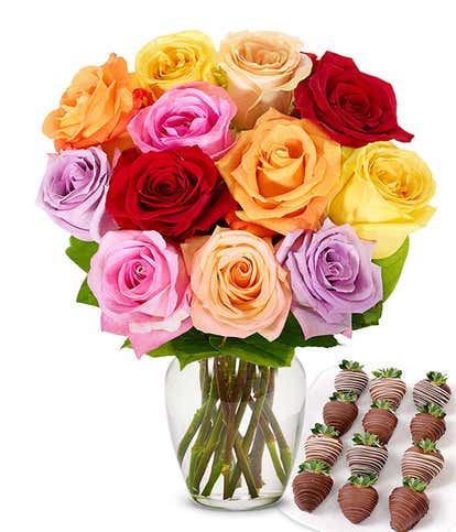 One Dozen Rainbow Roses with Drizzled Berries