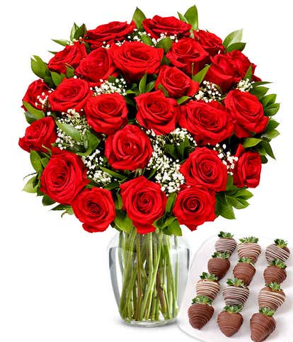 Two Dozen Red Roses with Belgian Chocolate Covered Strawberries