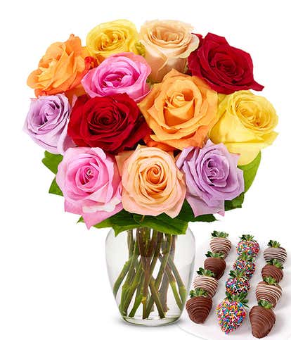 One Dozen Rainbow Roses with Belgian Chocolate Birthday Berries 