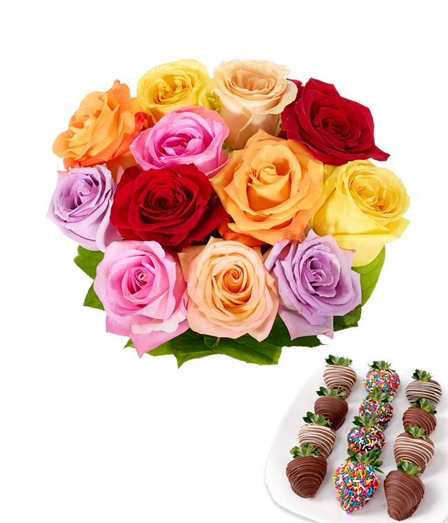 Partial image of One dozen rainbow roses with one dozen chocolate covered strawberries decorated with rainbow sprinkles without vase