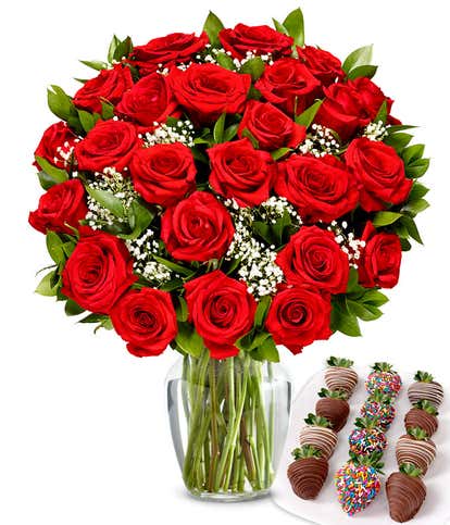 Two Dozen Red Roses with Belgian Chocolate Birthday Berries