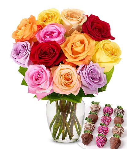 One Dozen Rainbow Roses with Love Belgian Chocolate Covered Strawberries