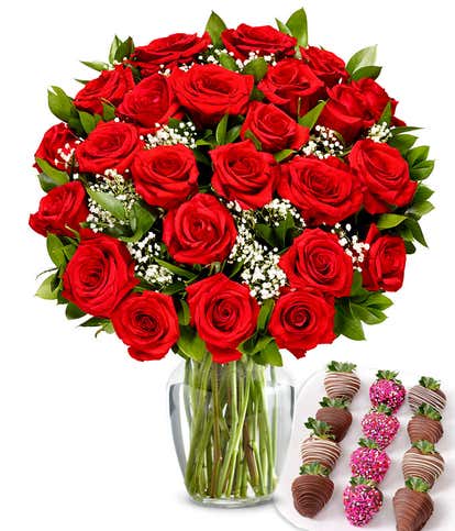 Two Dozen Red Roses with Love Belgian Chocolate Covered Strawberries