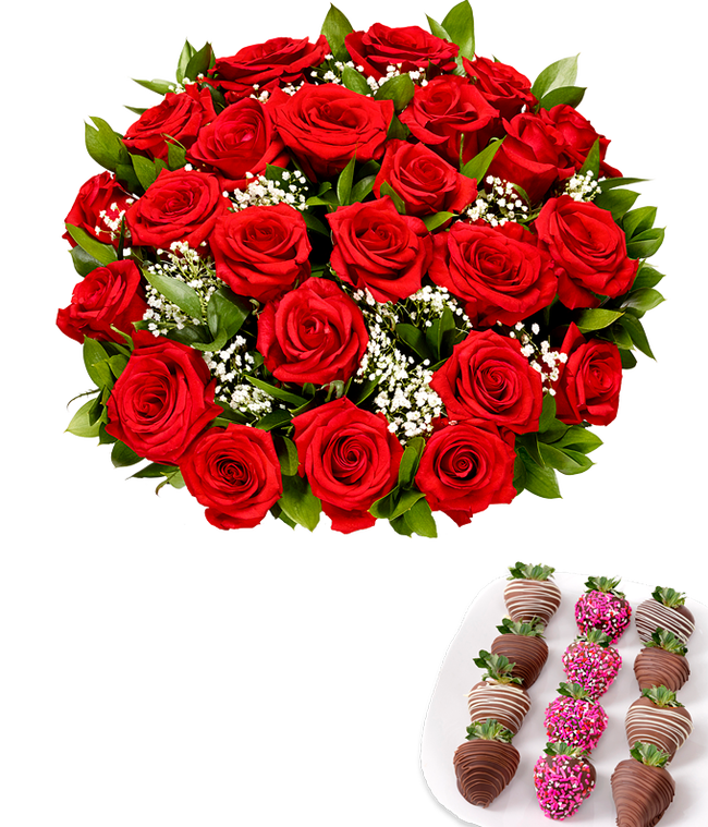 Partial image of Two dozen red roses with one dozen chocolate covered strawberries decorated with pink sprinkles. without vase.
