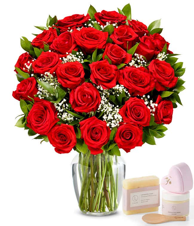 Two Dozen Red Roses with Lavender Spa Set