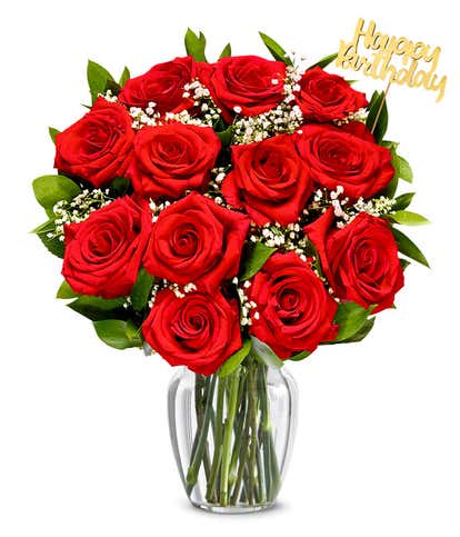 One Dozen Red Roses with Birthday Pick