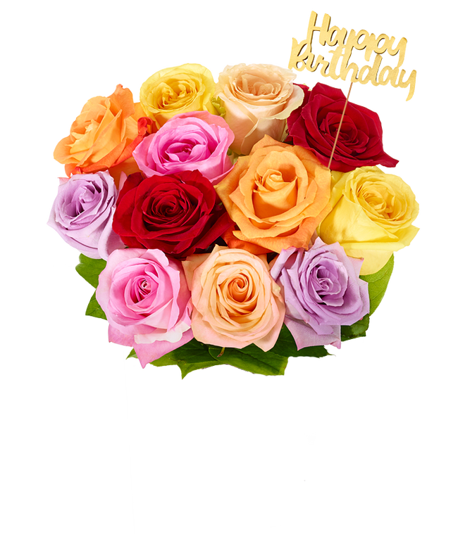 Partial image of Assorted color roses with a gold pick saying Happy Birthday without vase