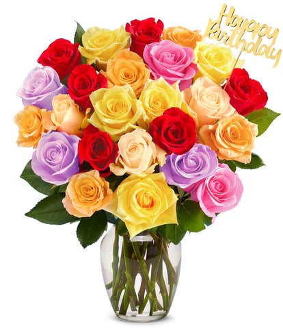 Two Dozen Rainbow Roses with Birthday Pick
