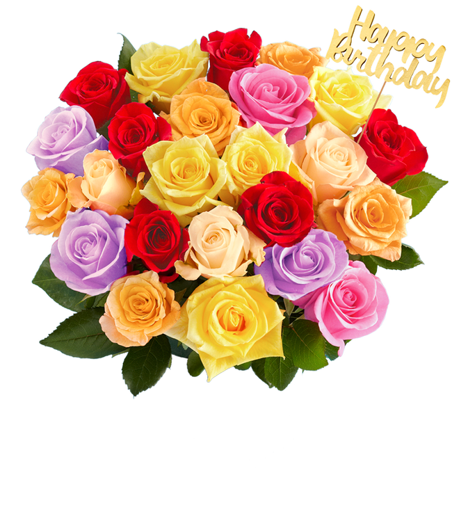 Partial image of Assorted color roses with a gold pick saying Happy Birthday without vase.