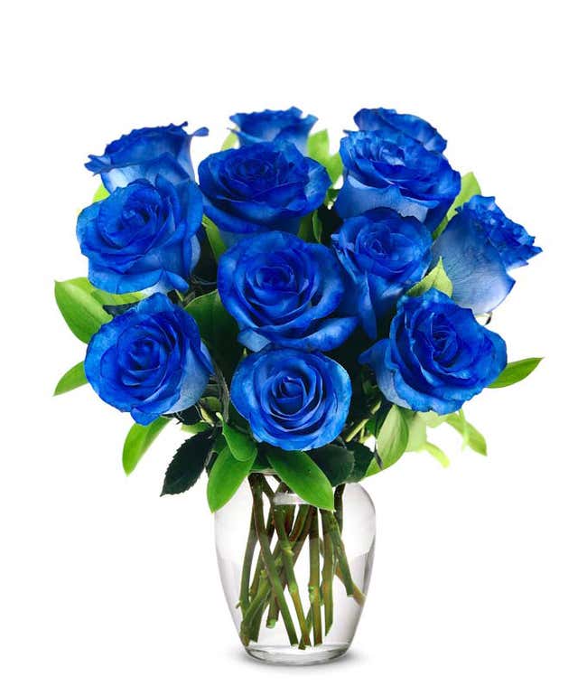 One Dozen Blue Roses in Clear Glass Vase