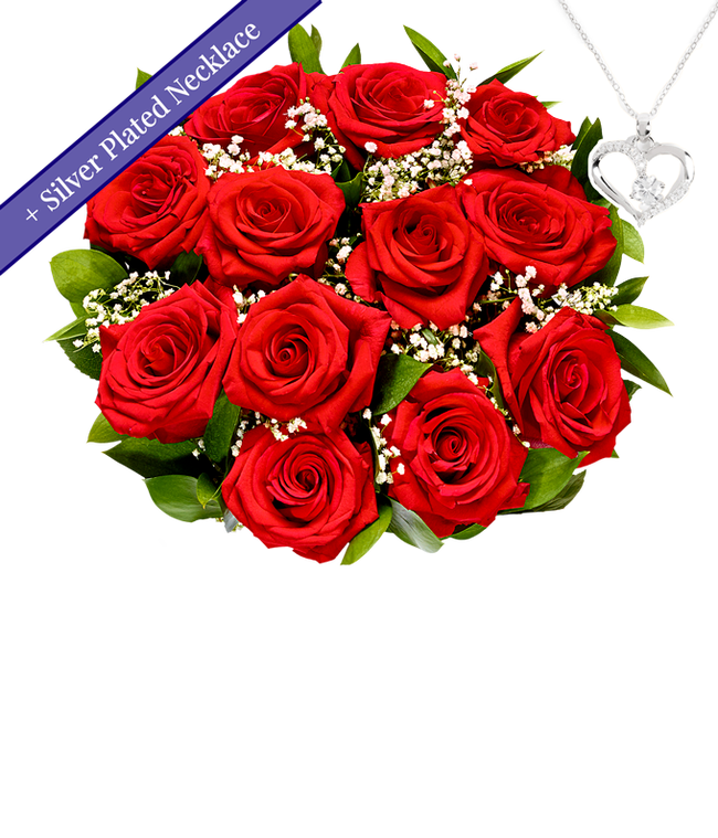 Partial image of One Dozen Red Roses with Sterling Silver Heart Necklace without vase