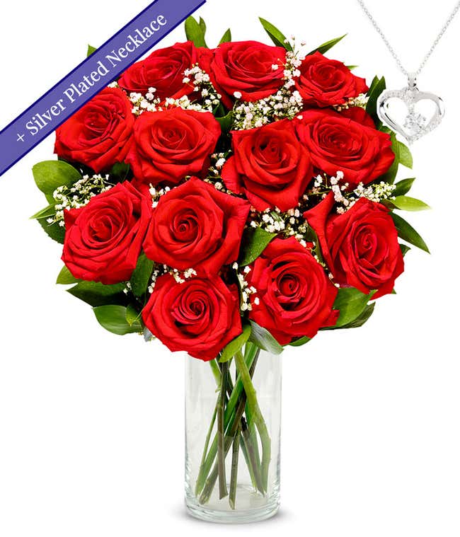 One Dozen Red Roses with Sterling Silver Heart Necklace