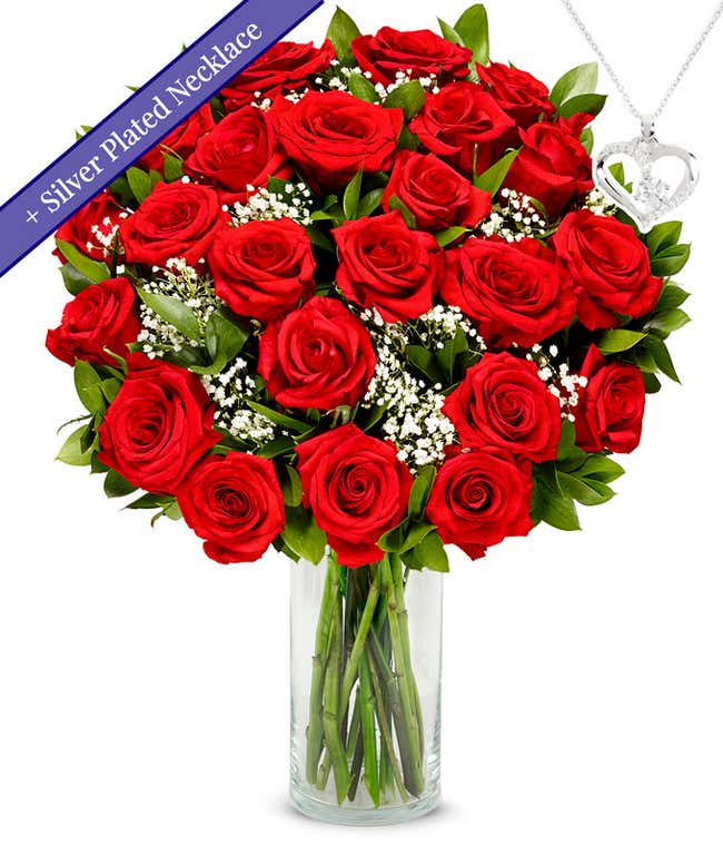 Two Dozen Red Roses with Sterling Silver Heart Necklace