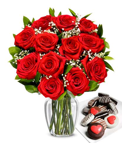 One Dozen Red Roses with Chocolate Covered Oreos