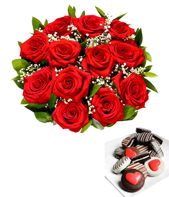 Partial image of One Dozen Red Roses with Chocolate Covered Oreos without vase