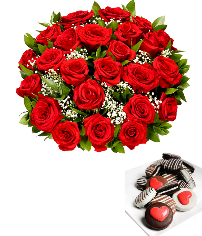 Partial image of Two Dozen Red Roses with Chocolate Covered Oreos without vase.