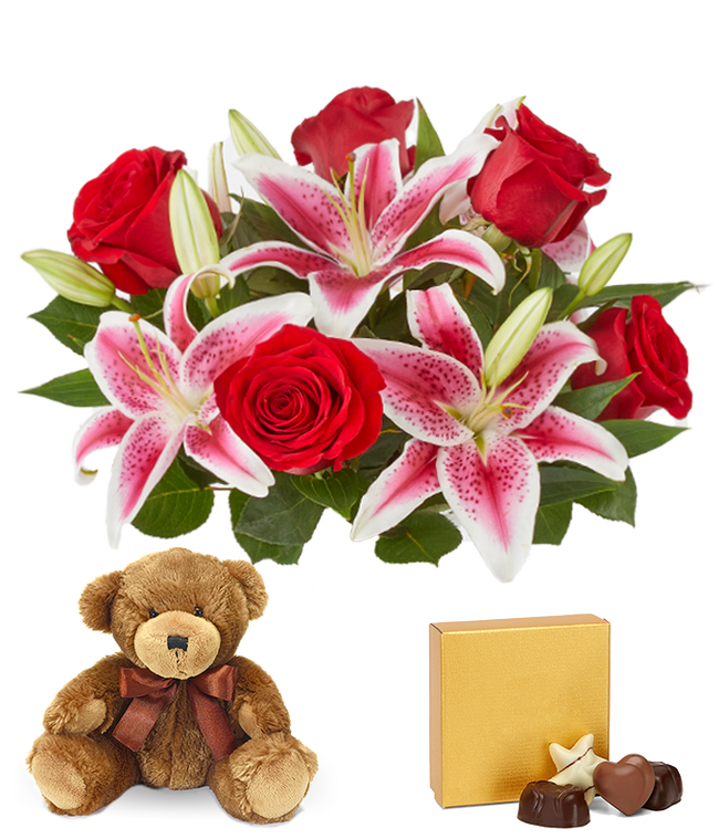 Partial image of Red Rose &amp; Stargazers Bundle without vase.
