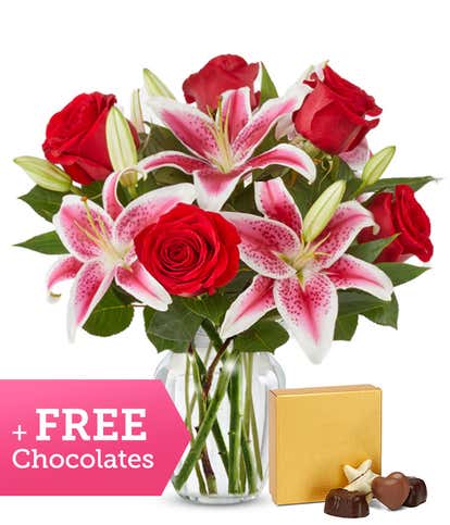 Red Roses & Stargazers with FREE Chocolates