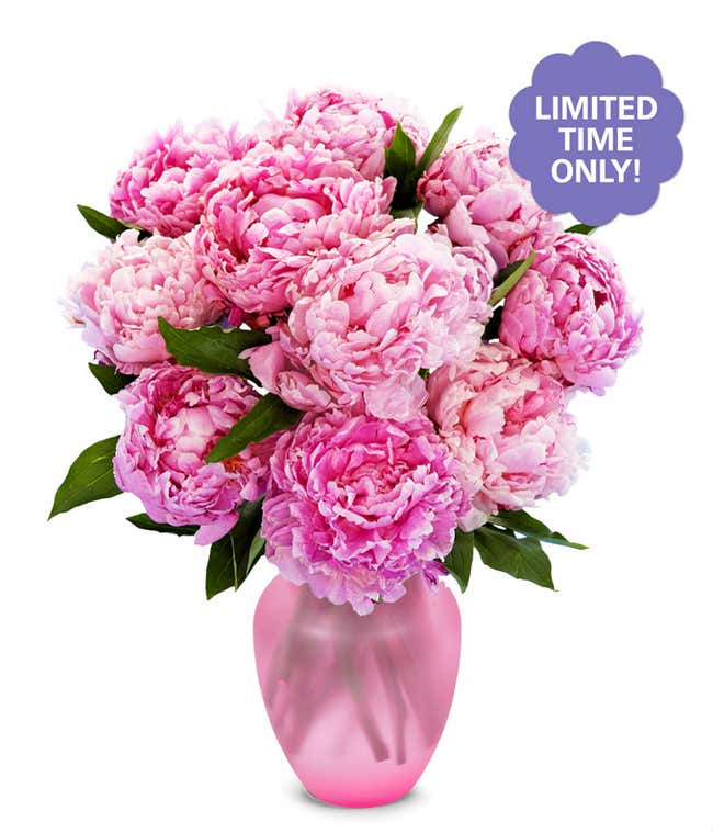 A stunning arrangement of 10 assorted pink peonies, optionally presented in a glass vase. These lush and fragrant peonies create a beautiful and elegant display, perfect for adding a touch of romance to any setting.