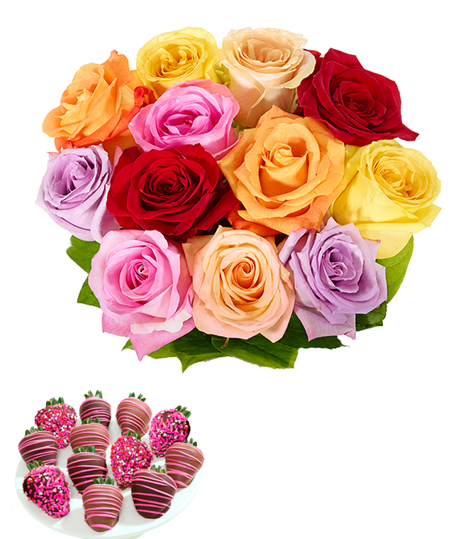 Partial image of One Dozen Rainbow Roses with Chocolate Strawberries for Mom without vase