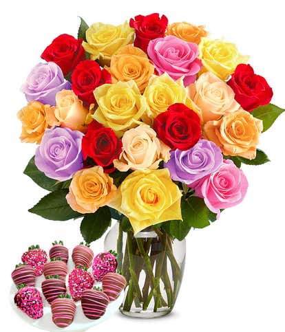 Two Dozen Rainbow Roses with Chocolate Strawberries for Mom