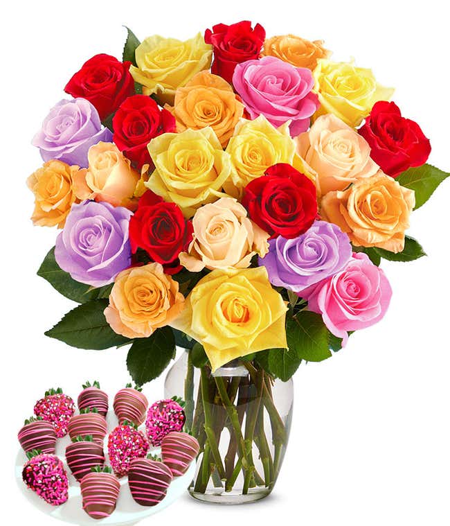 Two Dozen Rainbow Roses with Chocolate Strawberries for Mom
