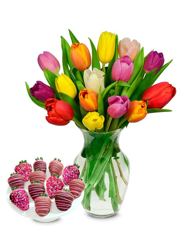 Rainbow Tulips with Chocolate Strawberries for Mom - 15 Stem