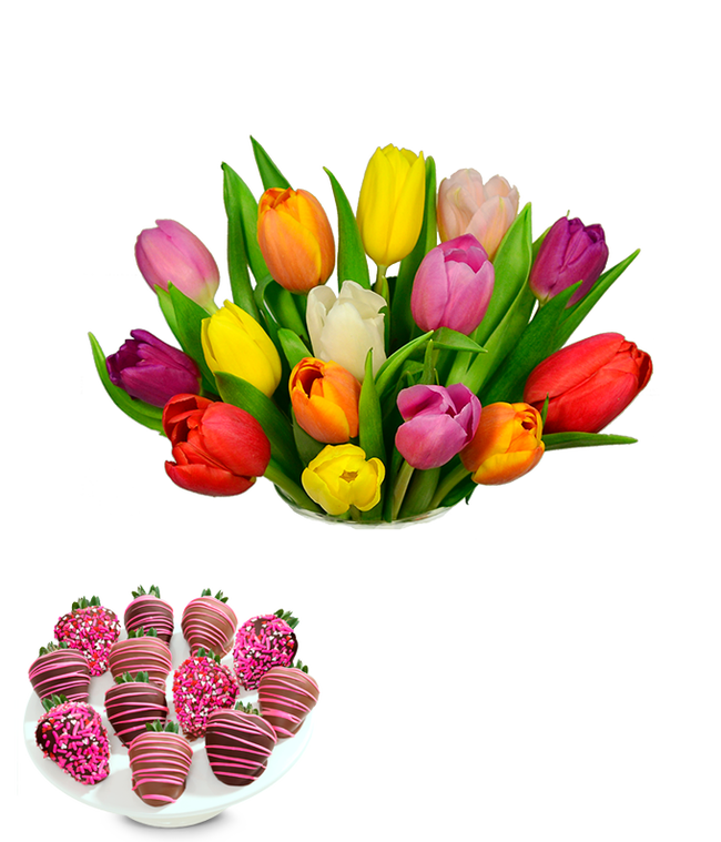 Partial image of Rainbow Tulips with Chocolate Strawberries for Mom - 15 Stem without vase.